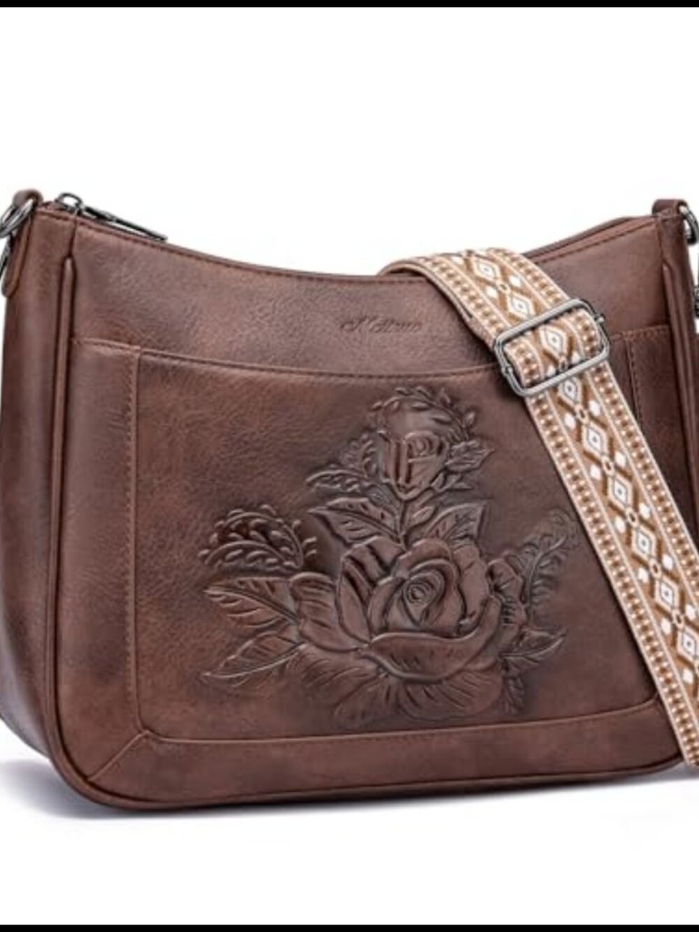 Rose Embossed Vegan Leather Crossbody Bag Medium Hobo Purse Adjustable Strap